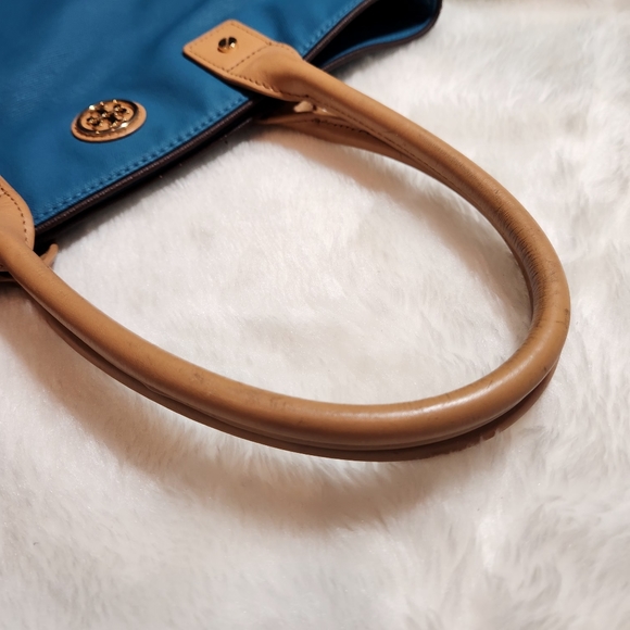 TORY BURCH Jaden Blue Brown Canvas Leather Tote Bag - Picture 10 of 11
